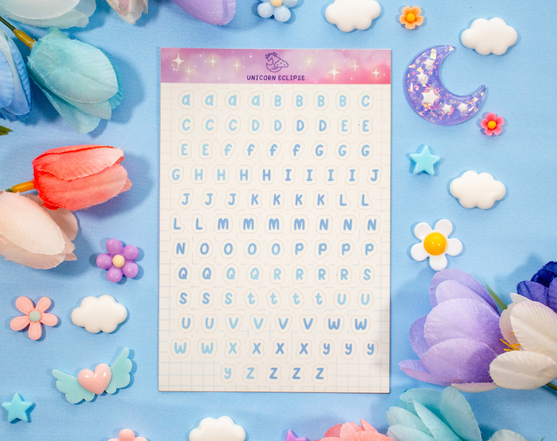 Alphabet Sticker Sheet (Blue) – Unicorn Eclipse