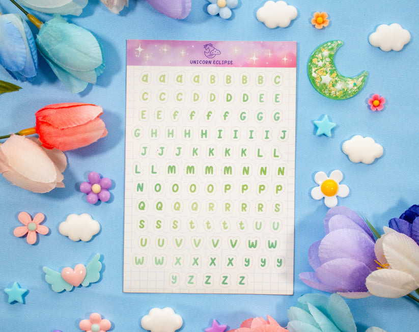 Alphabet Sticker Sheet (Green) – Unicorn Eclipse
